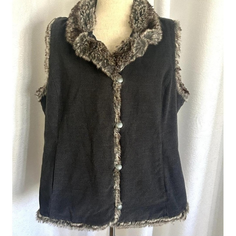 J. Jill Gray Faux Fur Trim Button-Down Vest Women's Large, Pockets - Picture 2 of 9